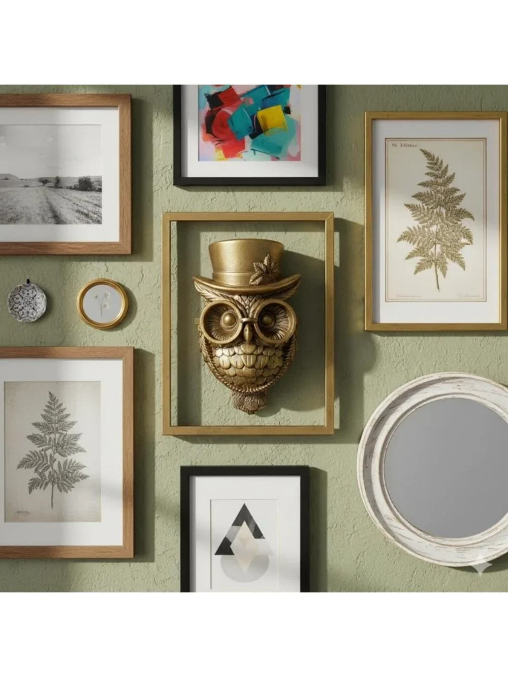 Vintage Animal Heads Wall Decor - Gold Resin Owl Sculpture with Metal Frame for